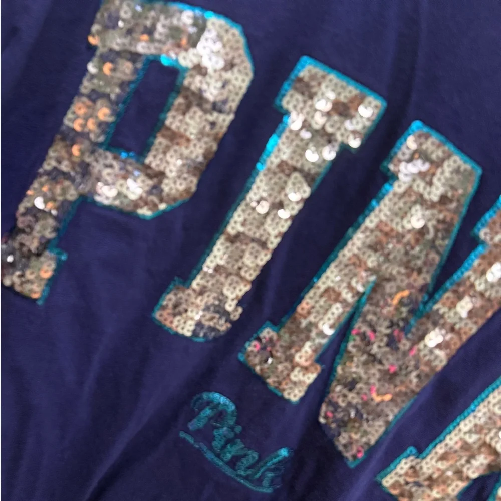 PINK Victorias Secret medium jersey shirt m Long Sleeve purple blue sequins - Picture 2 of 9